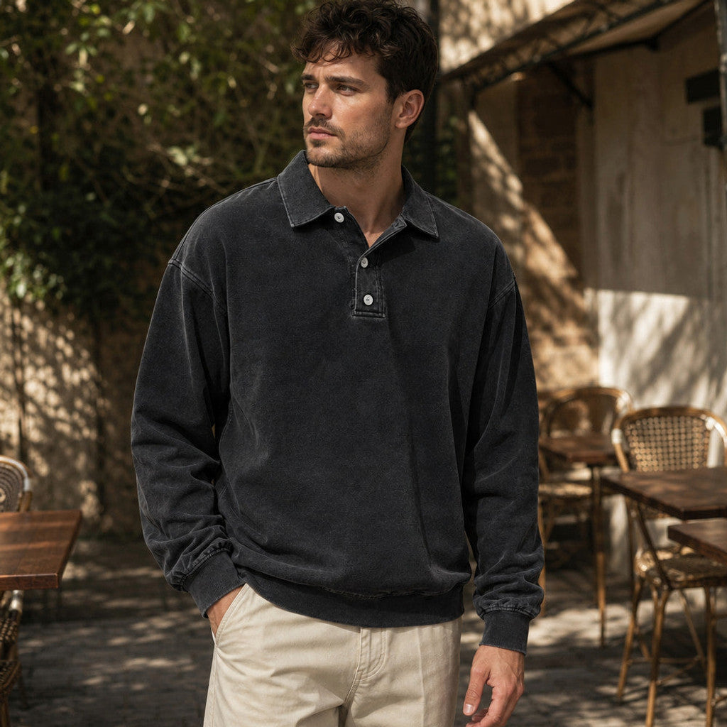 Charner | Polo Shirt Drop Shoulder Relaxed Fit Black – Styled Editorial Shot