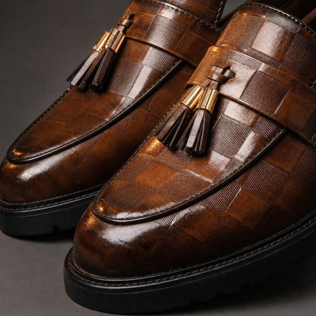 Charron | Tassel Loafer Shoes Cushioned Insole Brown – Fabric and Detail Close-Up