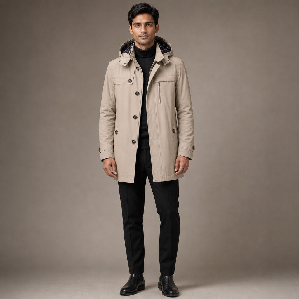 Trench Coat Hooded Long Cotton Fit in Beige – Tomosino Premium Menswear
