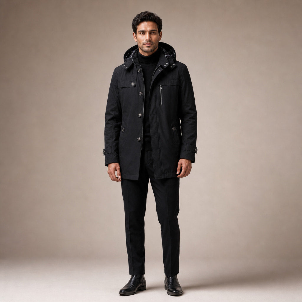 Trench Coat Hooded Long Cotton Fit in Black – Tomosino Premium Menswear