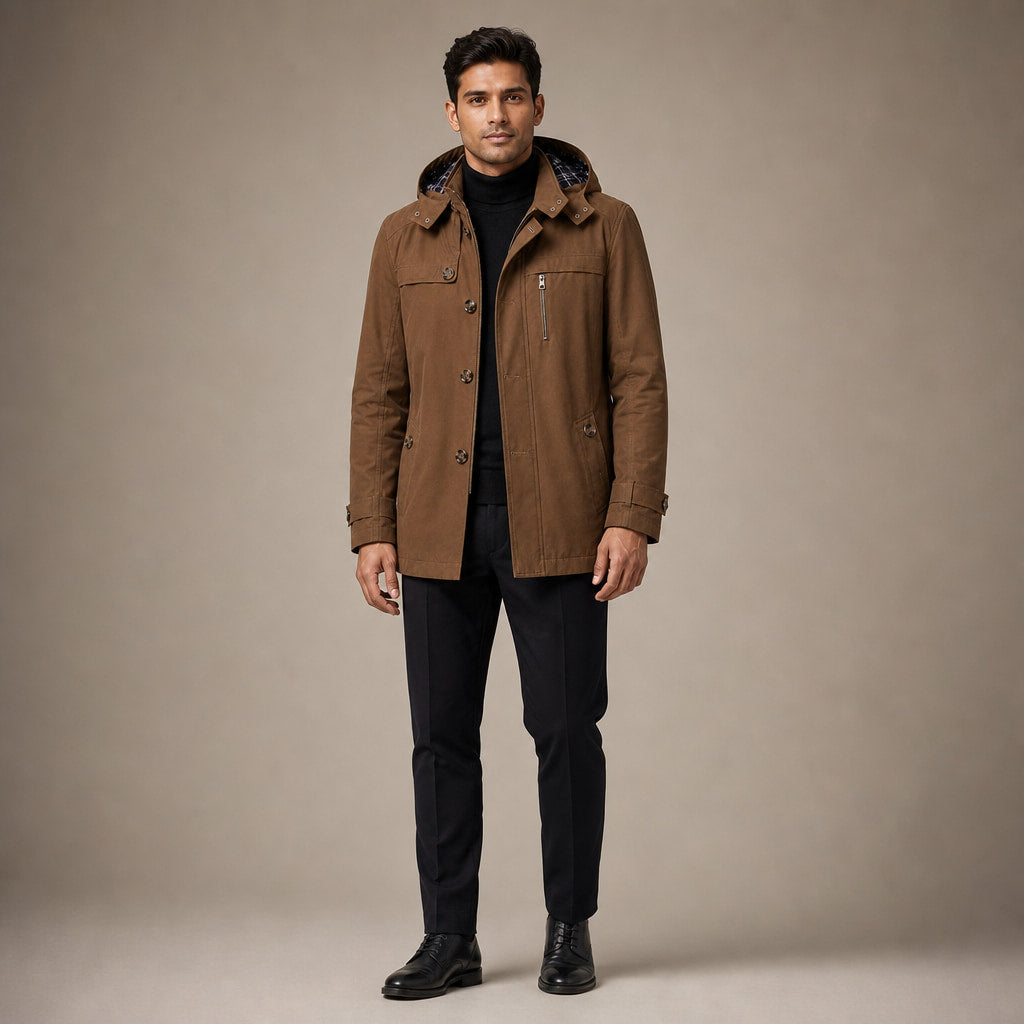 Trench Coat Hooded Long Cotton Fit in Brown – Tomosino Premium Menswear