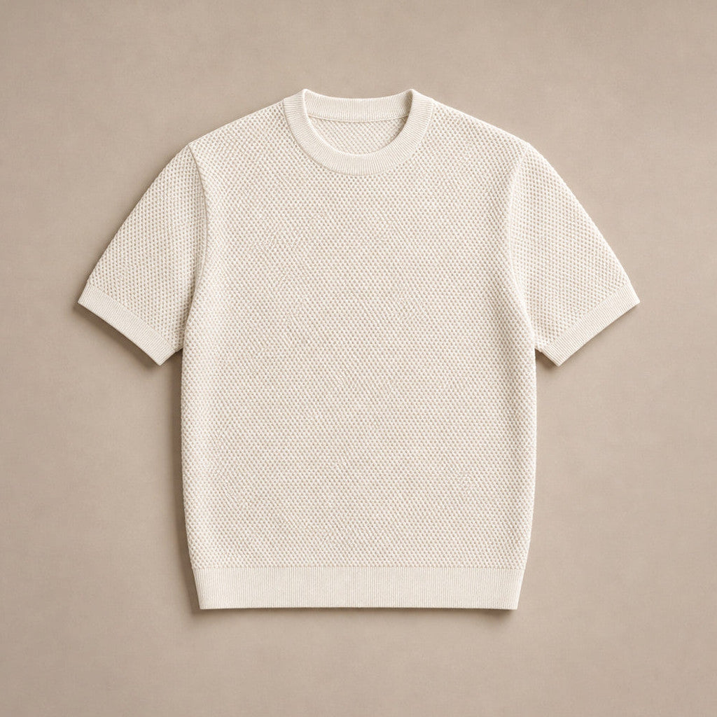 Cheldex | Textured Knit T-Shirt Crew Neck Beige – Product Photo