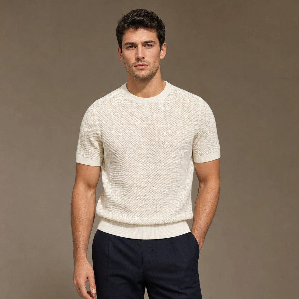 Cheldex | Textured Knit T-Shirt Crew Neck in Beige – Premium Editorial