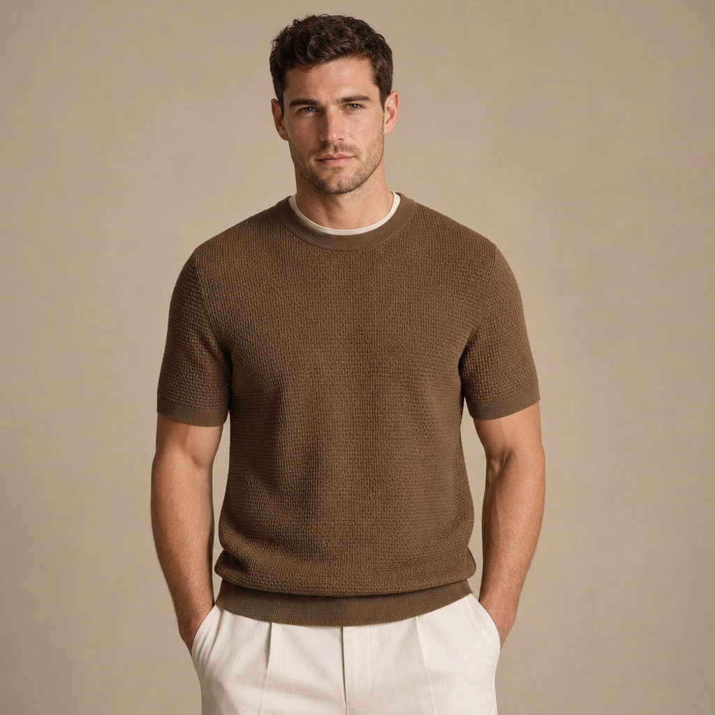 Cheldex | Textured Knit T-Shirt Crew Neck in Brown – Premium Editorial