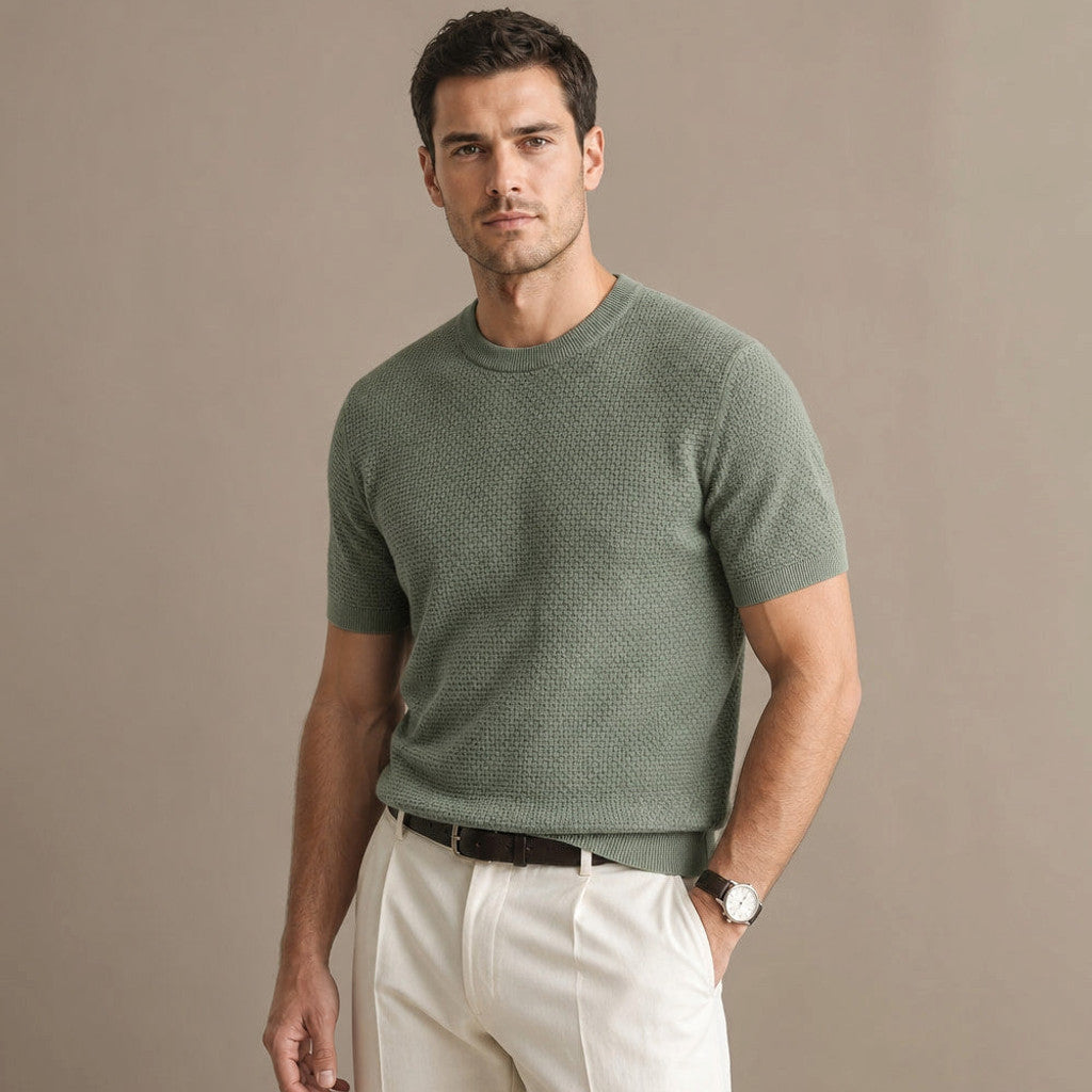 Cheldex | Textured Knit T-Shirt Crew Neck Green – Side Angle View