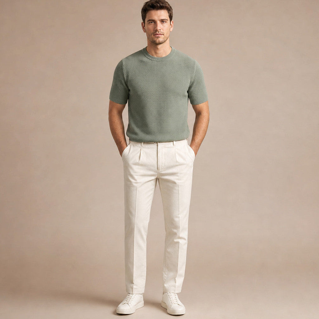 Cheldex | Textured Knit T-Shirt Crew Neck Green – Full Look