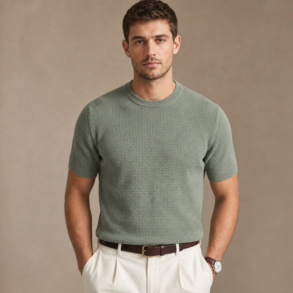 Cheldex | Textured Knit T-Shirt Crew Neck in Green – Premium Editorial