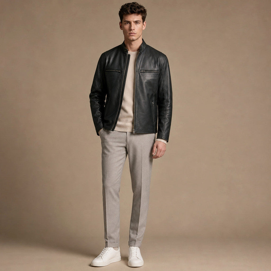 Cheldon | Cafe Racer Jacket Sheepskin Leather Black – Product Photo