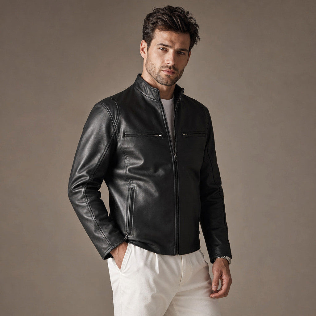 Cheldon | Cafe Racer Jacket Sheepskin Leather Black – Product Photo