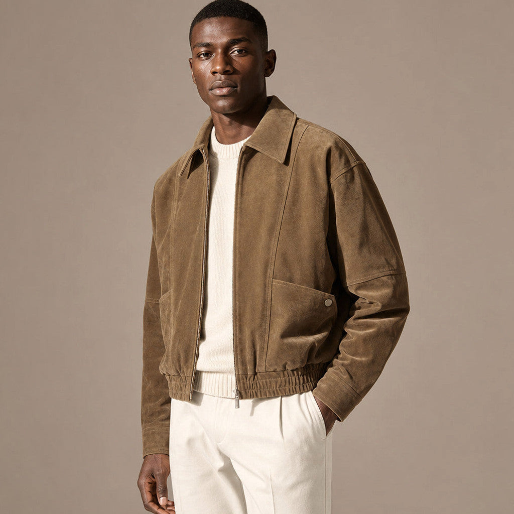 Chelron | Suede Aviator Jacket Full Zip Brown – Side Angle View