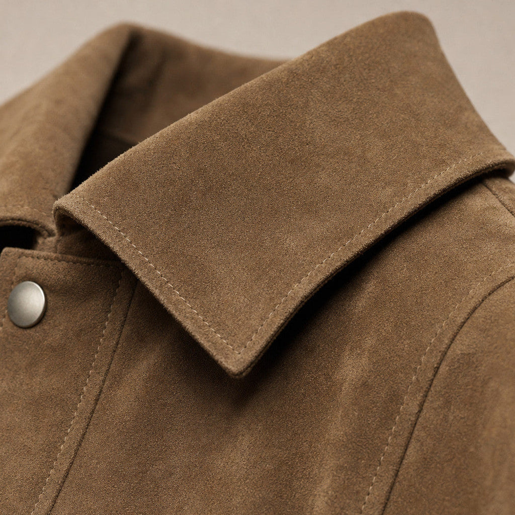 Chelron | Suede Aviator Jacket Full Zip Brown – Fabric and Detail Close-Up