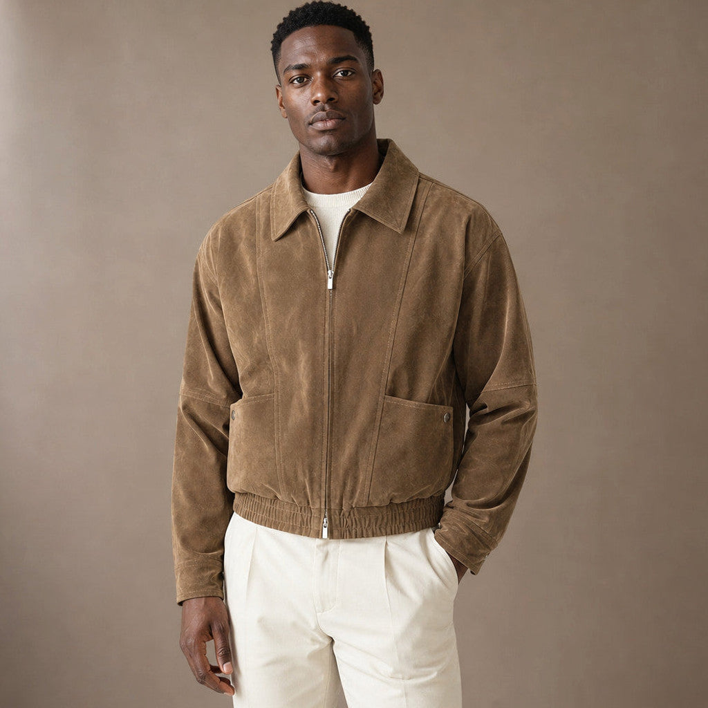 Chelron | Suede Aviator Jacket Full Zip Brown – Product Photo