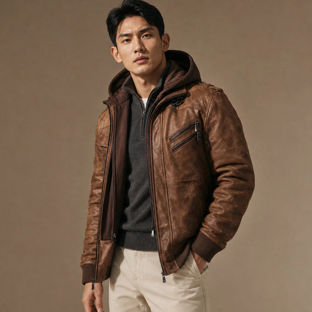 Chelven | Wax Jacket Hooded Zip Front Brown – Side Angle View