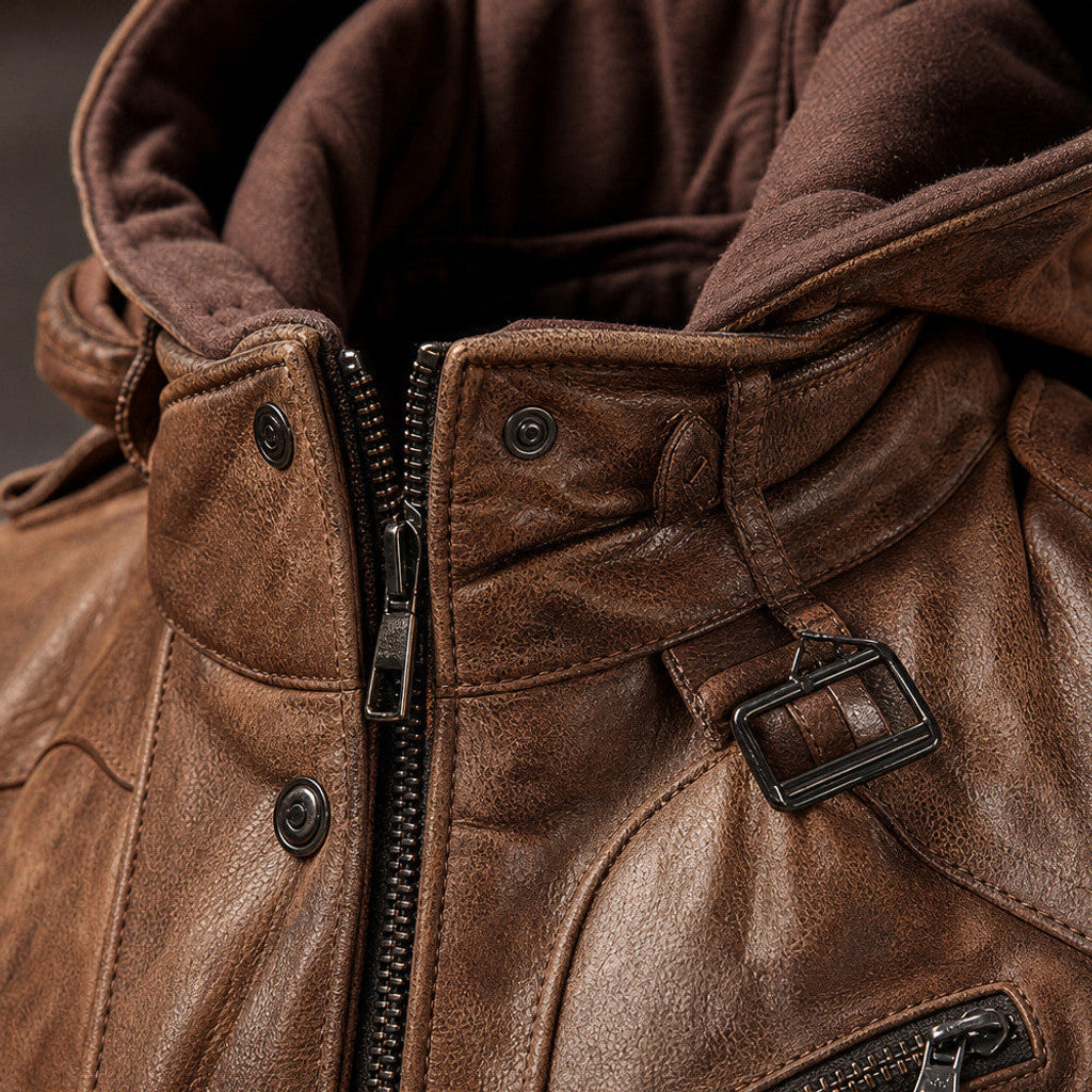Chelven | Wax Jacket Hooded Zip Front Brown – Fabric and Detail Close-Up