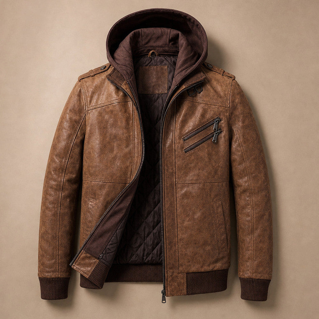 Chelven | Wax Jacket Hooded Zip Front Brown – Flat Lay Product Photo