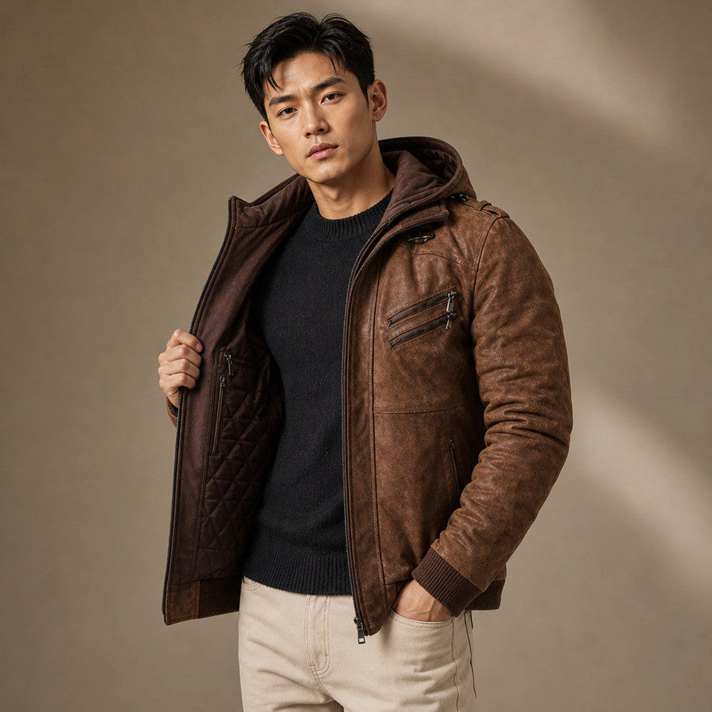 Chelven | Wax Jacket Hooded Zip Front Brown – Interior Lining Detail
