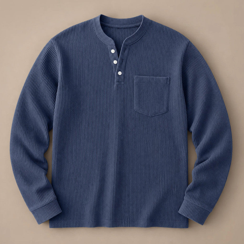 Chendox | Henley T Shirt Waffle Knit Long Sleeve Dark Blue – Product Photo