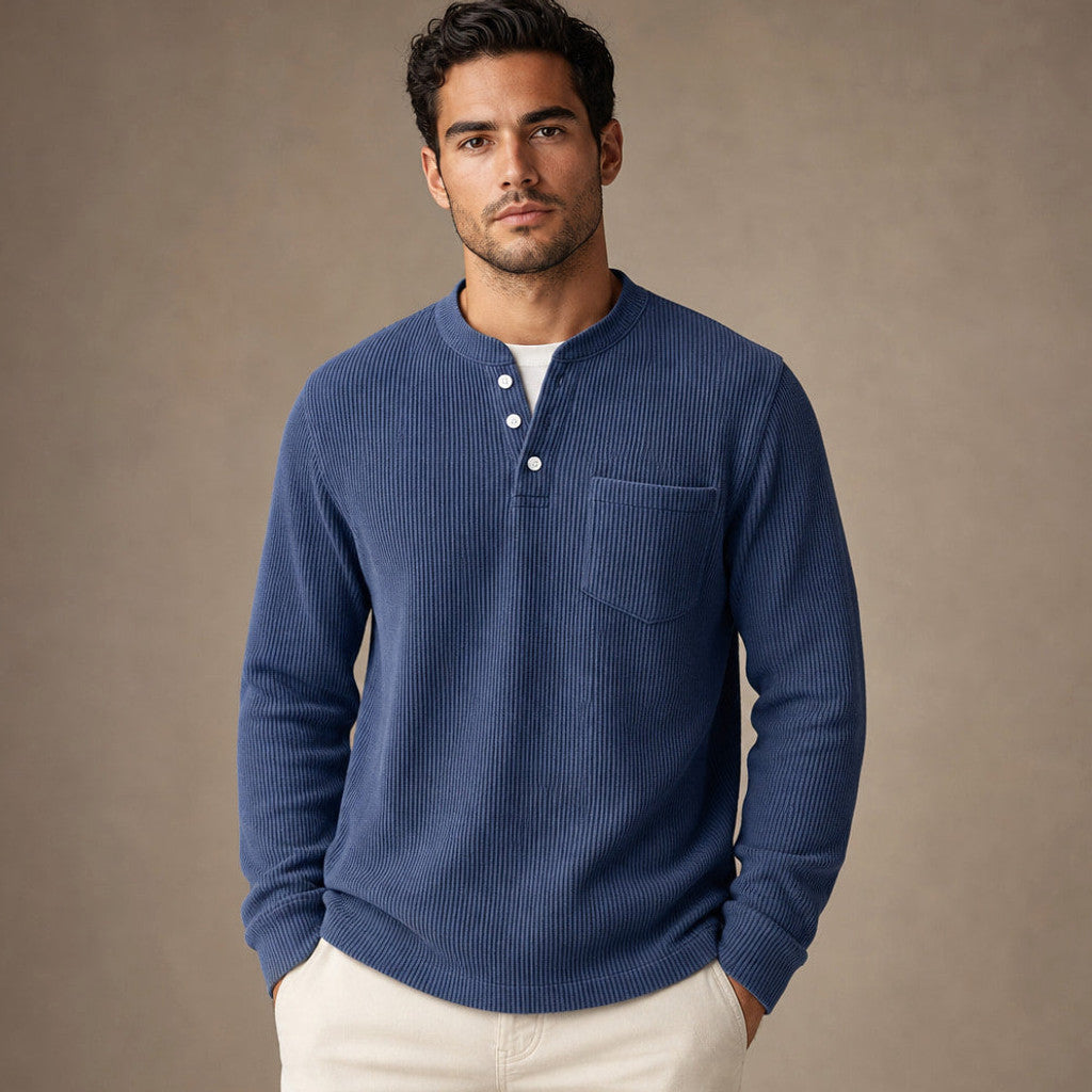 Chendox | Henley T Shirt Waffle Knit Long Sleeve in Dark Blue – Premium Editorial