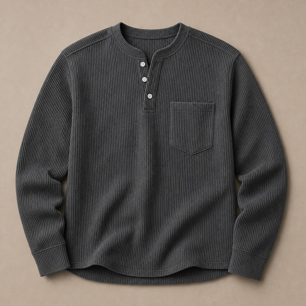 Chendox | Henley T Shirt Waffle Knit Long Sleeve Dark Gray – Product Photo