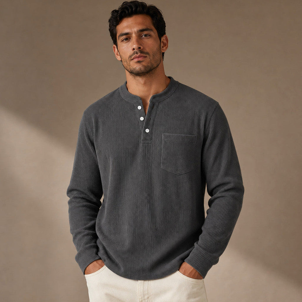 Chendox | Henley T Shirt Waffle Knit Long Sleeve in Dark Gray – Premium Editorial