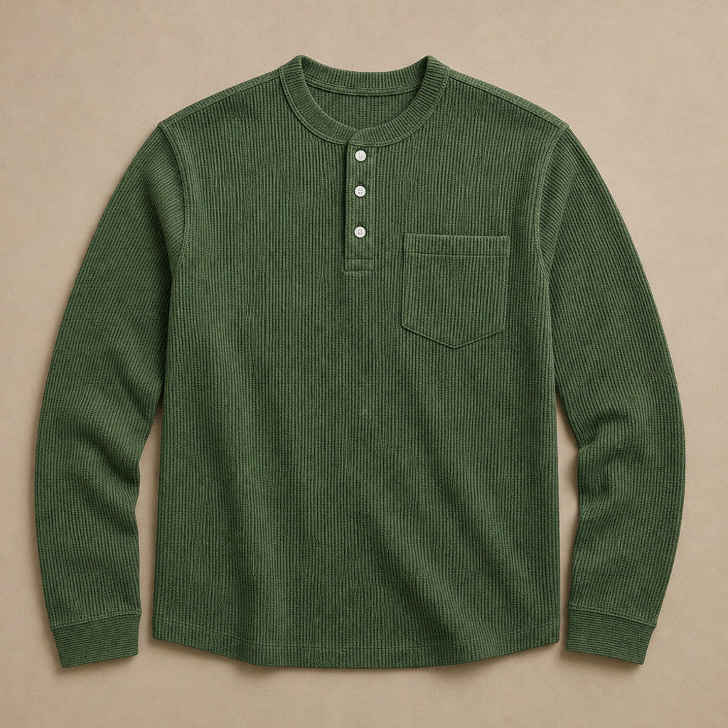 Chendox | Henley T Shirt Waffle Knit Long Sleeve Ink Green – Product Photo