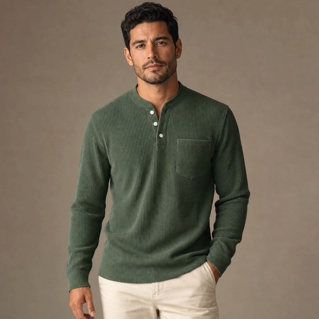 Chendox | Henley T Shirt Waffle Knit Long Sleeve in Ink Green – Premium Editorial