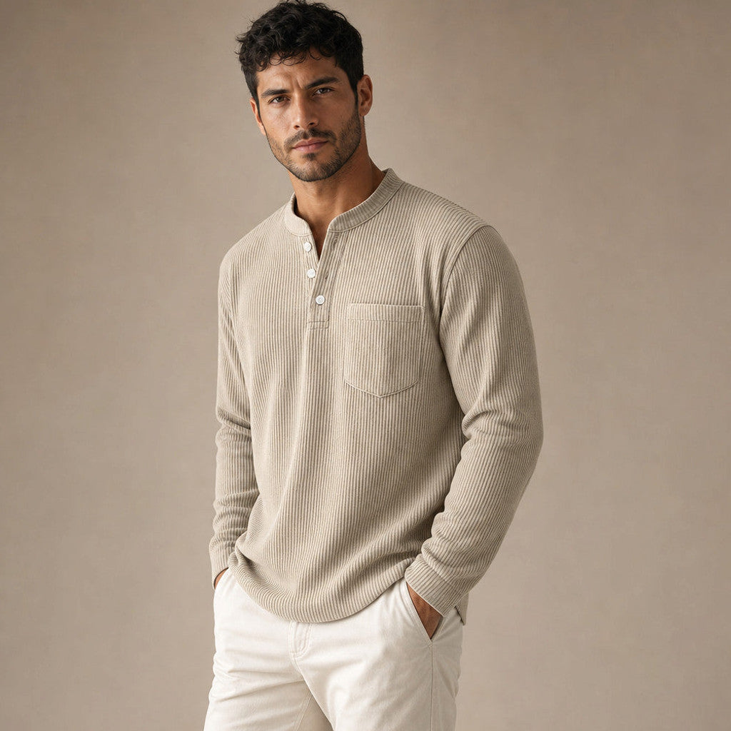 Chendox | Henley T Shirt Waffle Knit Long Sleeve Khaki – Side Angle View