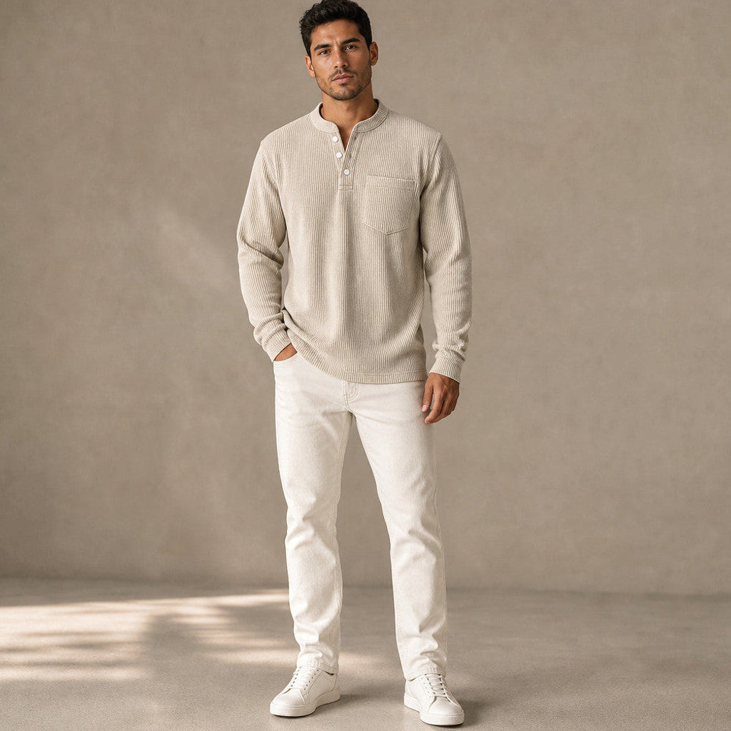 Chendox | Henley T Shirt Waffle Knit Long Sleeve Khaki – Full Look