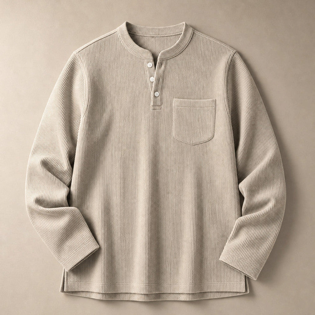 Chendox | Henley T Shirt Waffle Knit Long Sleeve Khaki – Product Photo