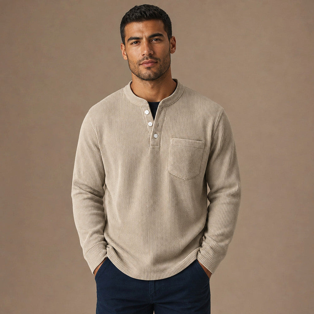 Chendox | Henley T Shirt Waffle Knit Long Sleeve in Khaki – Premium Editorial