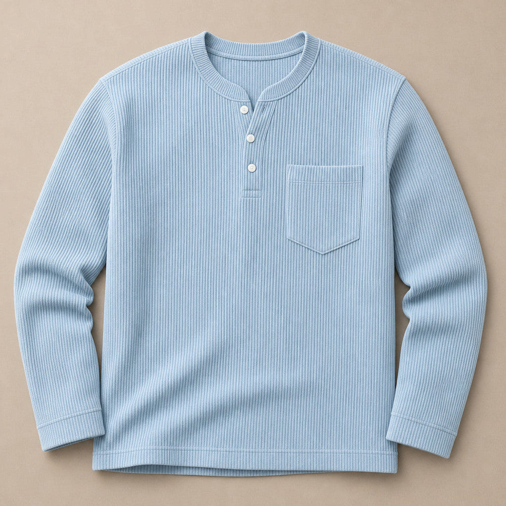 Chendox | Henley T Shirt Waffle Knit Long Sleeve Light Blue – Product Photo