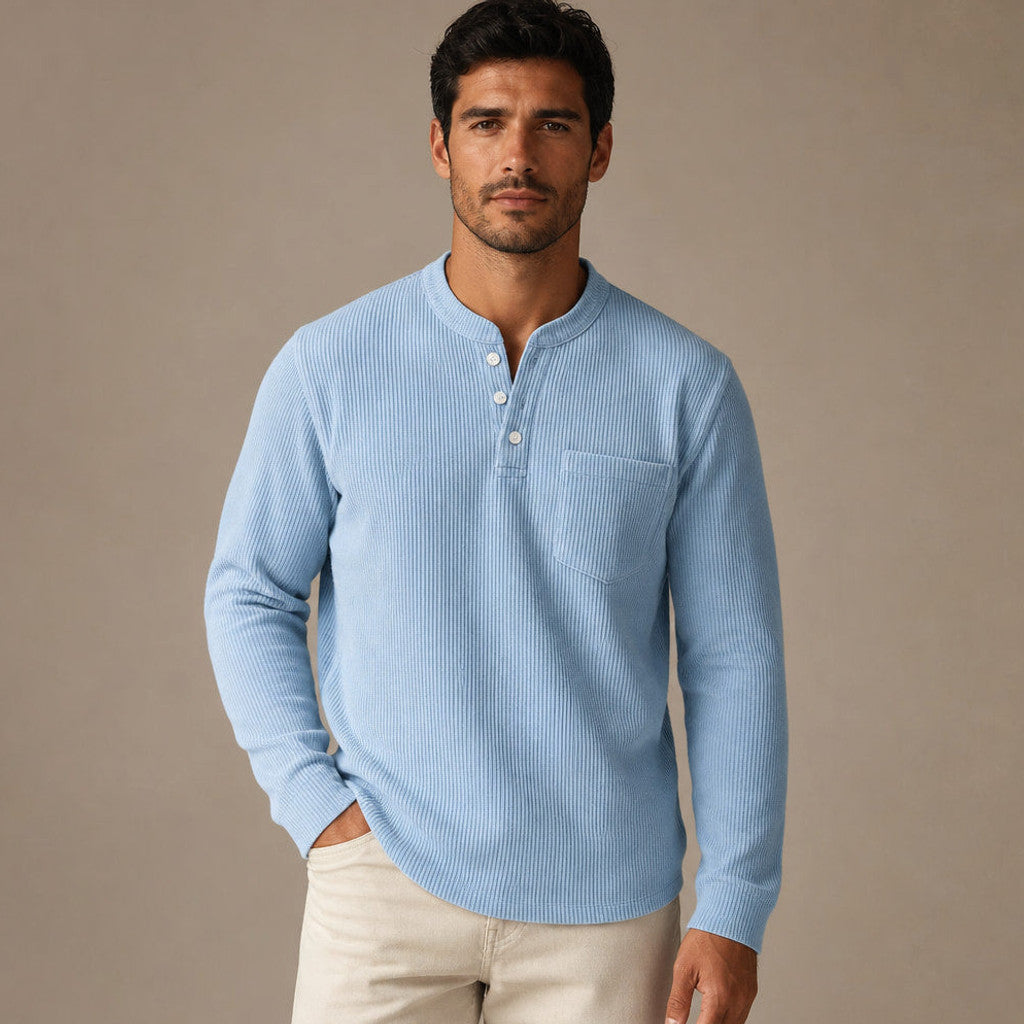 Chendox | Henley T Shirt Waffle Knit Long Sleeve in Light Blue – Premium Editorial