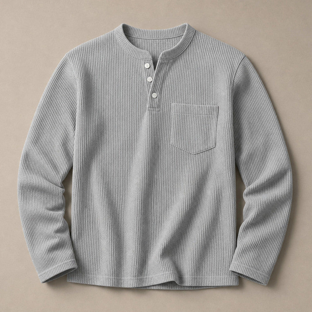 Chendox | Henley T Shirt Waffle Knit Long Sleeve Light Gray – Product Photo