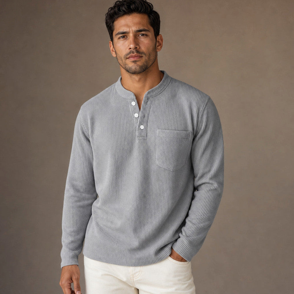 Chendox | Henley T Shirt Waffle Knit Long Sleeve in Light Gray – Premium Editorial