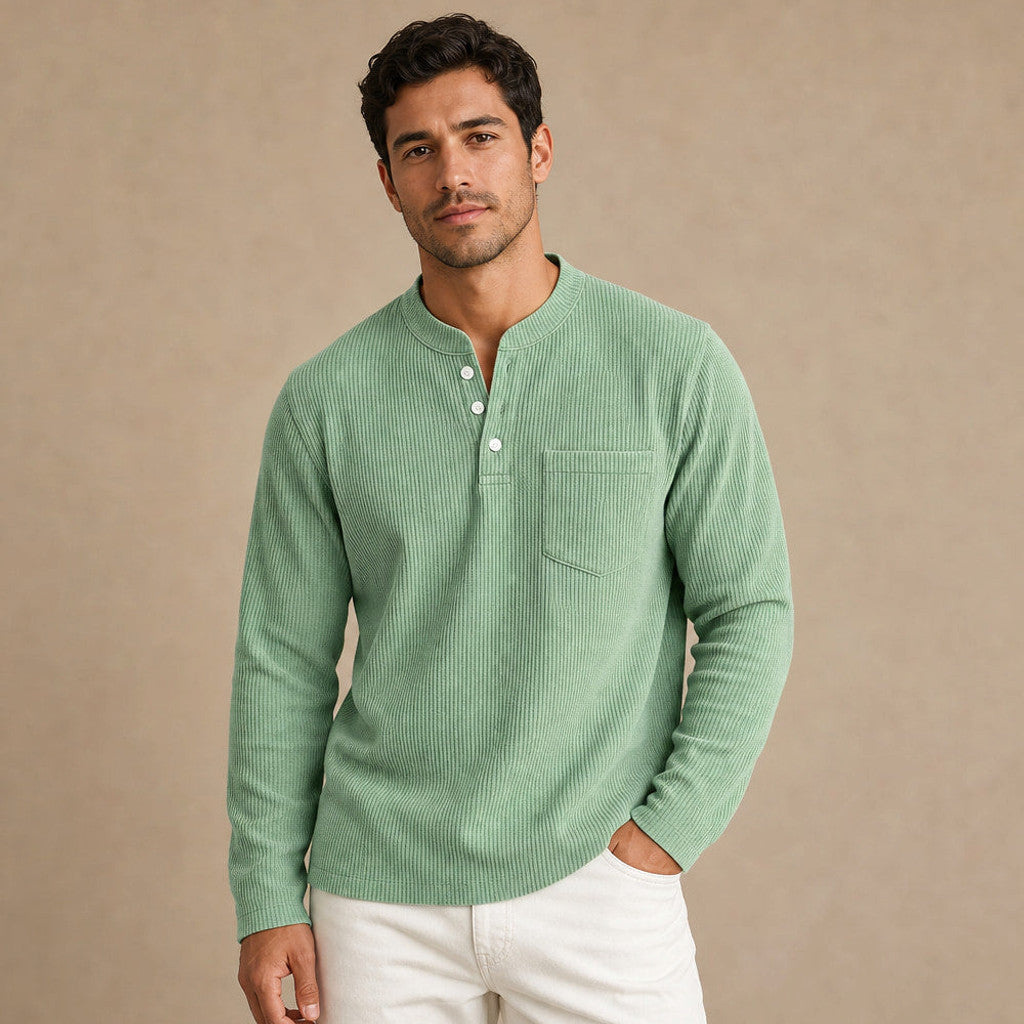 Chendox | Henley T Shirt Waffle Knit Long Sleeve in Light Green – Premium Editorial