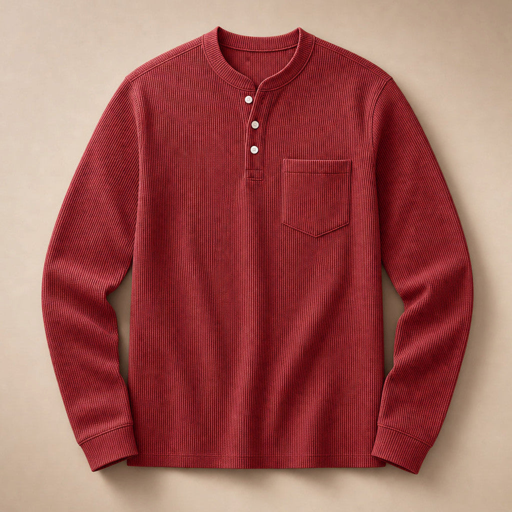 Chendox | Henley T Shirt Waffle Knit Long Sleeve Red – Product Photo