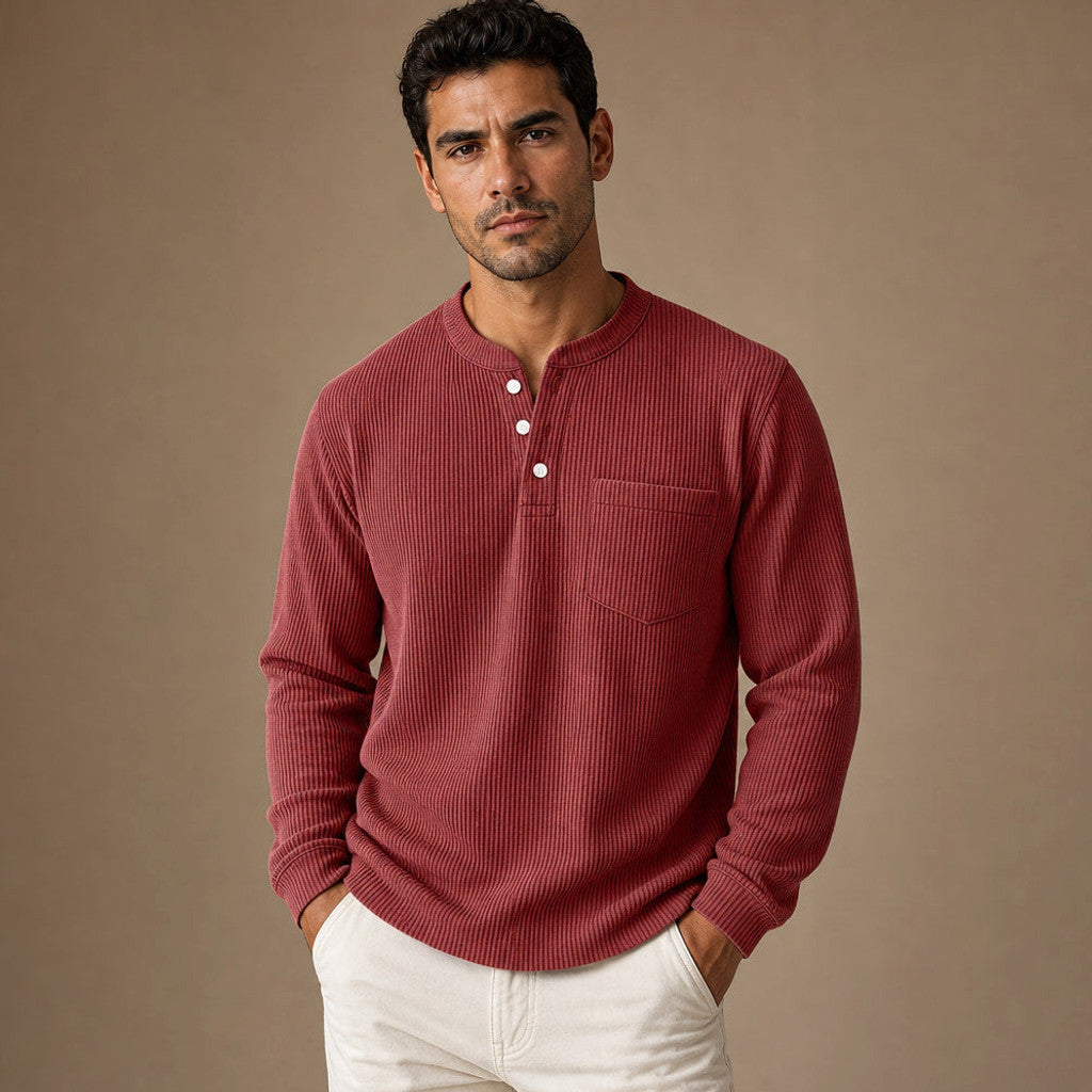Chendox | Henley T Shirt Waffle Knit Long Sleeve in Red – Premium Editorial