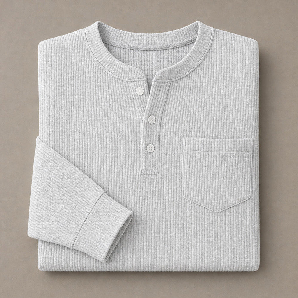 Chendox | Henley T Shirt Waffle Knit Long Sleeve White – Product Photo