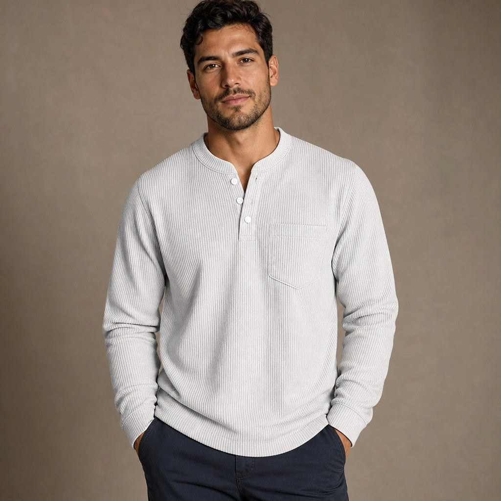 Chendox | Henley T Shirt Waffle Knit Long Sleeve in White – Premium Editorial