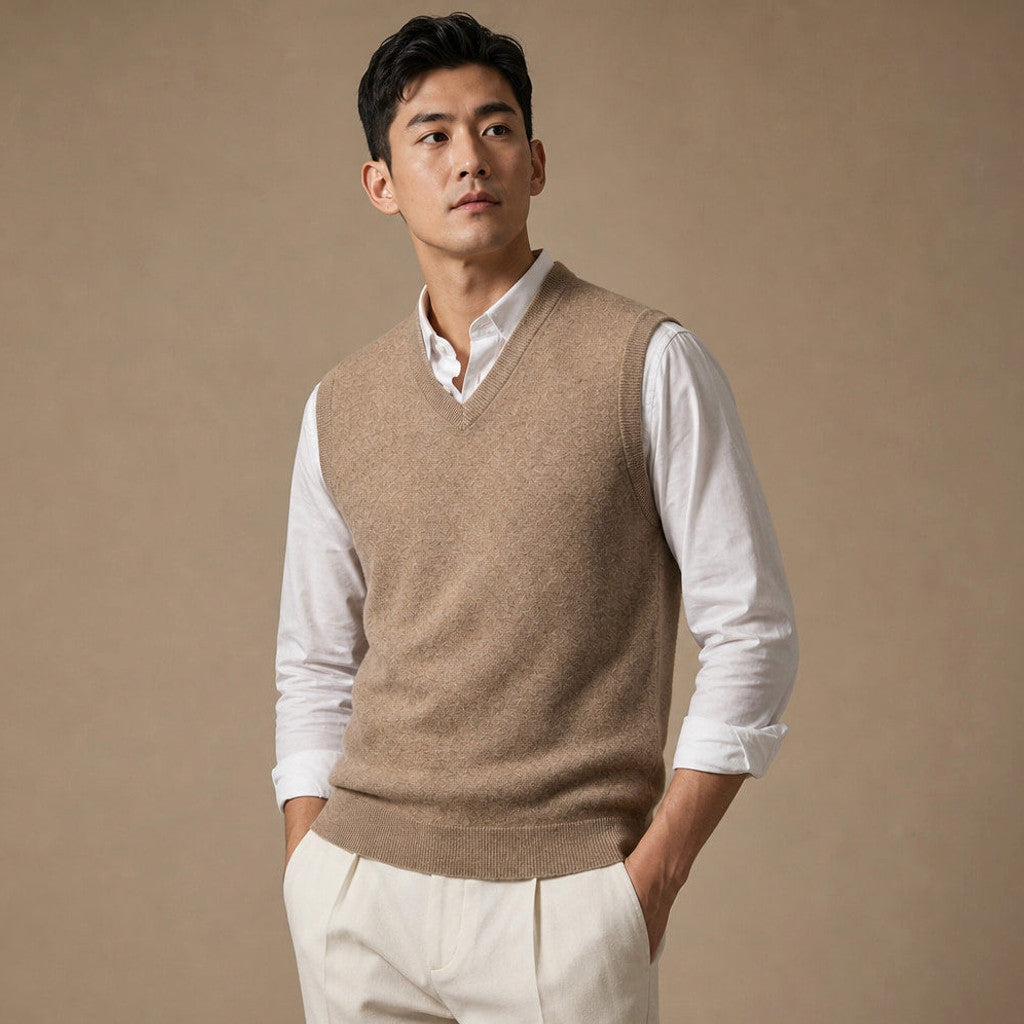 Chenton | Knitted Waistcoat V-Neck Camel – Side Angle View