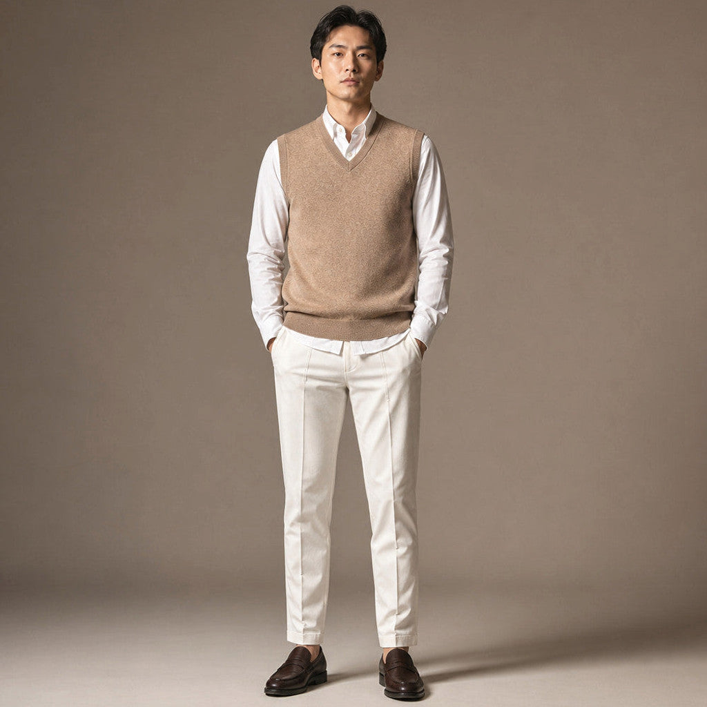 Chenton | Knitted Waistcoat V-Neck Camel – Full Look