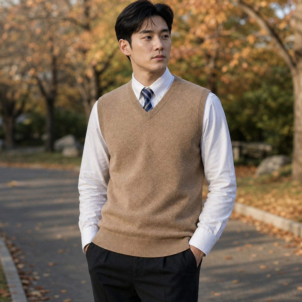 Chenton | Knitted Waistcoat V-Neck Camel – Styled Editorial Shot