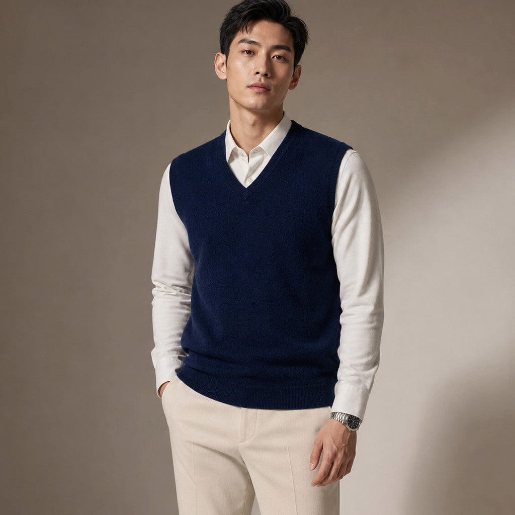 Chenton | Knitted Waistcoat V-Neck in Navy Blue – Premium Editorial