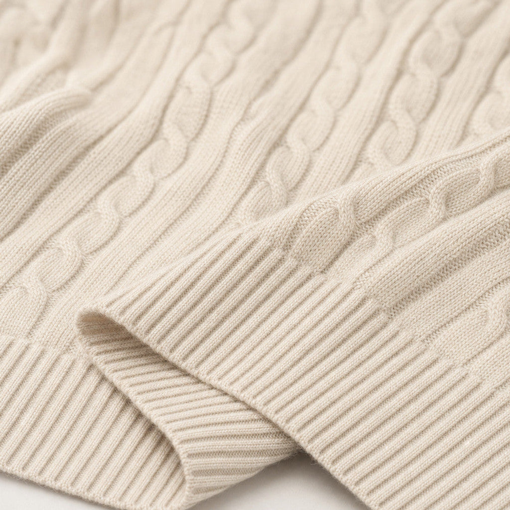 Chester | Cable Knit Jumper 450gsm Wool Blend Champagne – Fabric and Detail Close-Up