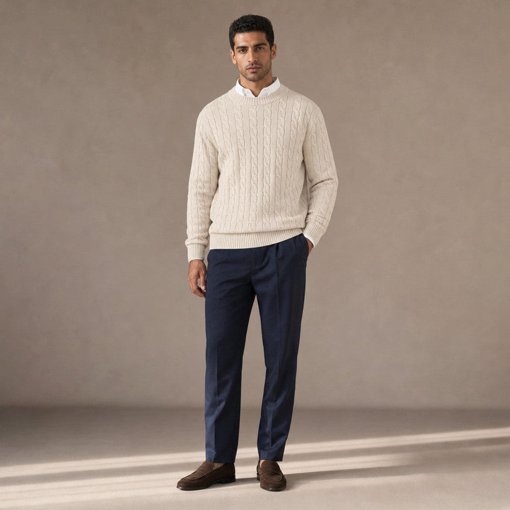 Chester | Cable Knit Jumper 450gsm Wool Blend Champagne – Full Look