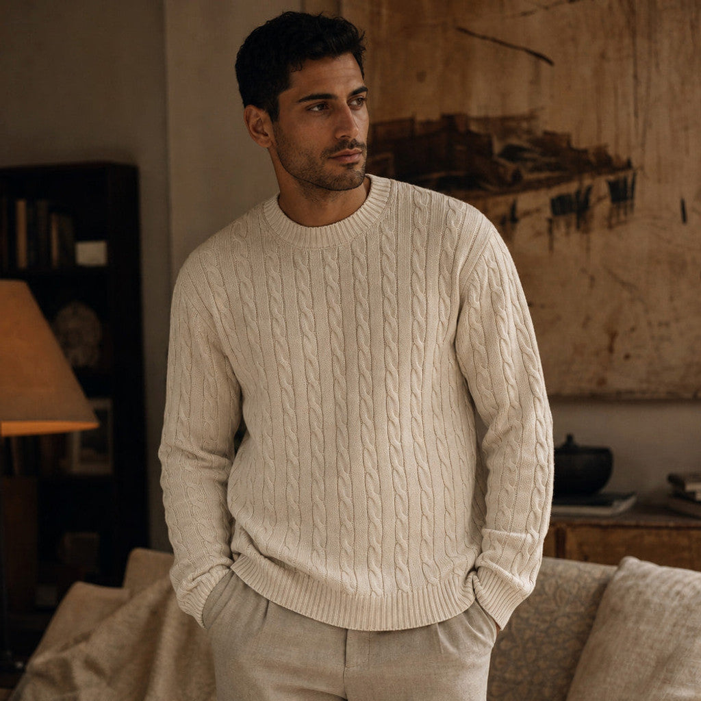 Chester | Cable Knit Jumper 450gsm Wool Blend Champagne – Styled Editorial Shot