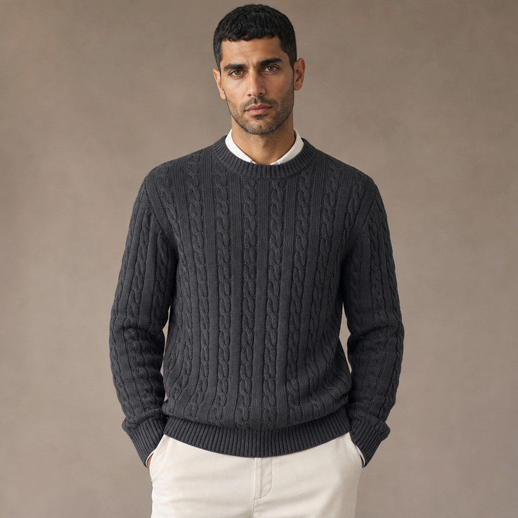 Chester | Cable Knit Jumper 450gsm Wool Blend in Dark Gray – Premium Editorial