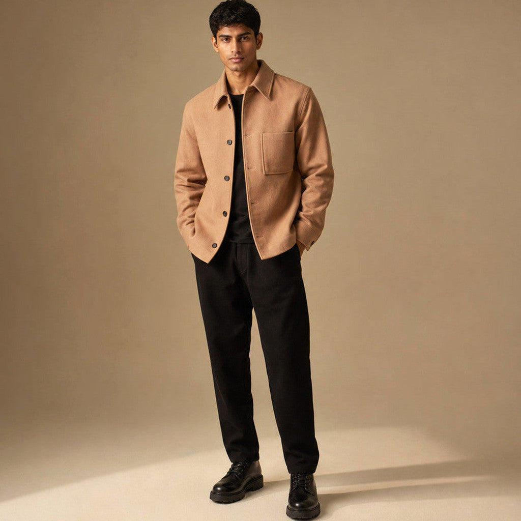 Man wearing a sepia tan wool sweater jacket over a shirt with dark trousers