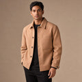 Sepia tan wool sweater jacket with buttoned front and chest patch pockets