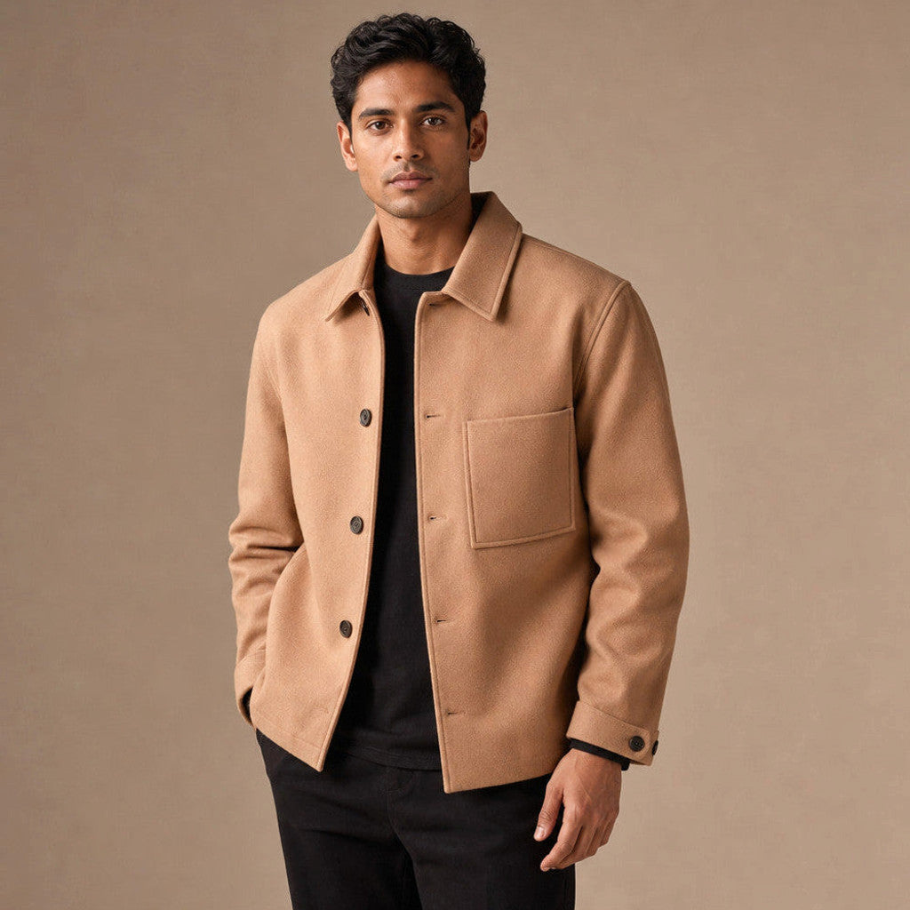 Sepia tan wool sweater jacket with buttoned front and chest patch pockets